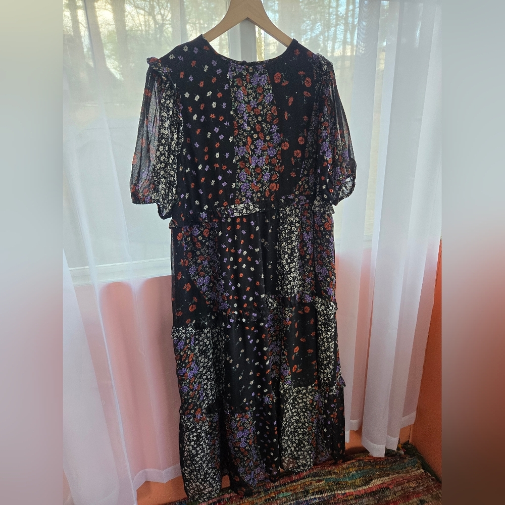 Black Floral Patchwork Midi Dress